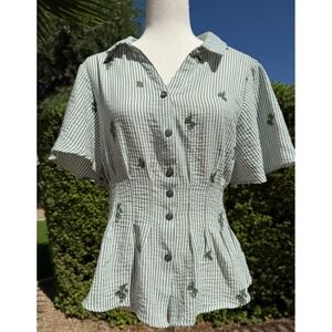 Fig + Flower Embroidered Flowers Striped Peplum Top Green White - Size XL Button